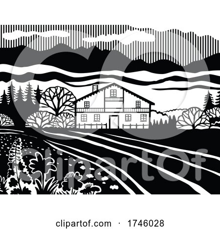 Swiss Chalet Style House in the Meadows of Switzerland in Black and White Retro Stencil Style by patrimonio