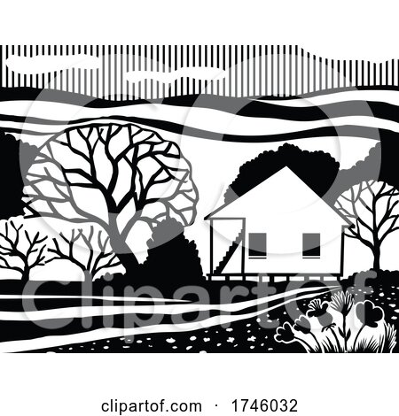 Cajun House Creole Cottage or Acadian Style Dwelling or Architecture in Black and White Retro Stencil Style by patrimonio