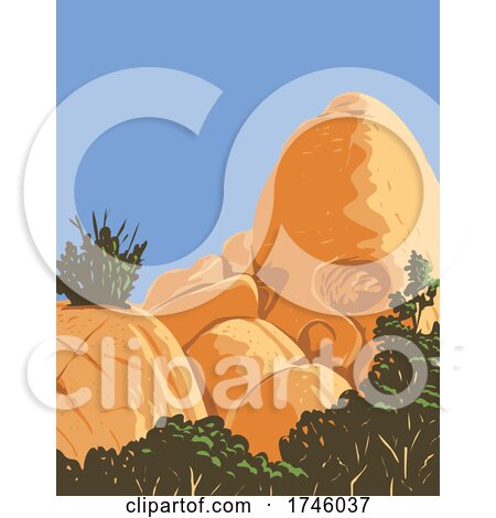 Skull Shaped Desert Granite Rock Formation Created by Erosion Known As Skull Rock Located in Joshua Tree National Park in California WPA Poster Art by patrimonio