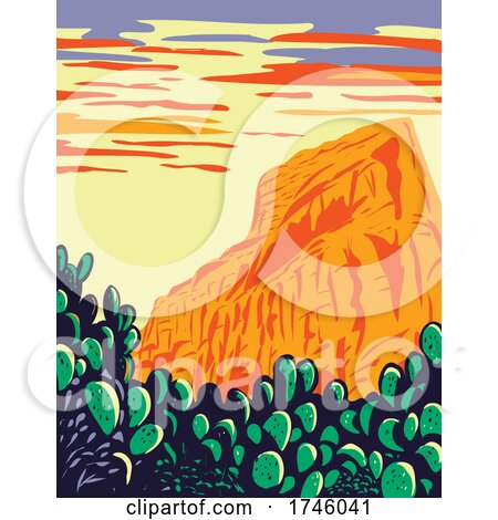 Prickly Pear Cactus with Red Butte in Tucson Mountains Located Within the Saguaro National Park in Arizona WPA Poster Art by patrimonio