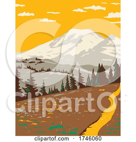 Mount Rainier Viewed from Cowlitz Divide Along the Wonderland Trail Located in Mount Rainier National Park in Washington State WPA Poster Art by patrimonio
