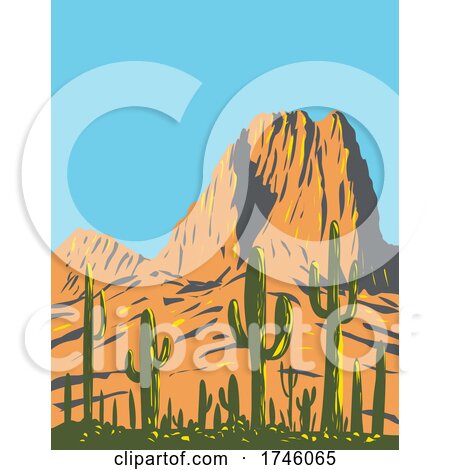 Saguaro Cactus with Beehive Peak in Tucson Mountains Located Within the Saguaro National Park in Arizona WPA Poster Art by patrimonio