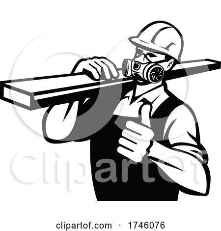 Carpenter Wearing Wearing Mask Respirator Gas Vapor Cartridges Carrying Lumber with Thumbs Retro Style by patrimonio