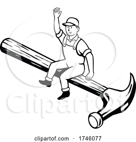 Carpenter Builder or Handyman Sitting on a Hammer Waving Hello Done in Retro Cartoon Style by patrimonio