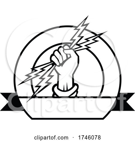 Electrician Hand Holding Lightning Bolt Set Inside Circle with Ribbon in Front Black and White Icon Retro Style by patrimonio