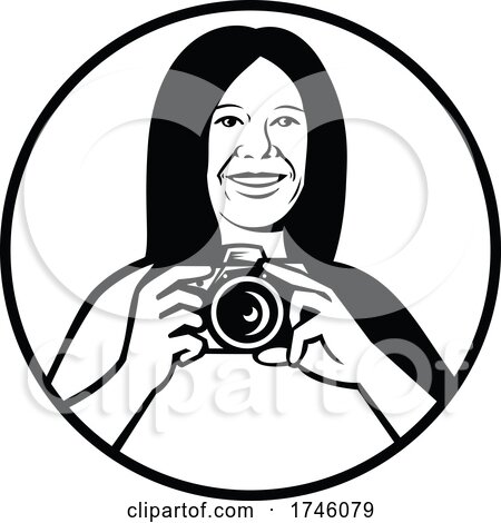 Female Photographer Holding a DSLR Camera Smiling Viewed from Front Set Inside Circle Black and White Retro Style by patrimonio