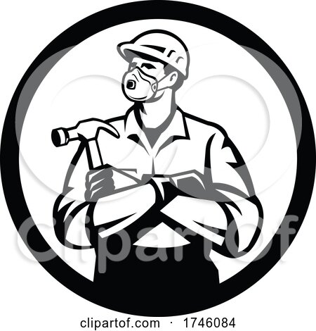 Builder Carpenter Wearing N95 Particulate Respirator with Arms Crossed Holding Hammer Inside Circle Retro Style by patrimonio