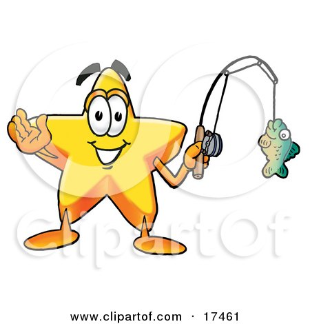 Clipart Picture of a Star Mascot Cartoon Character Holding a Fish on a Fishing  Pole by Mascot Junction #17461