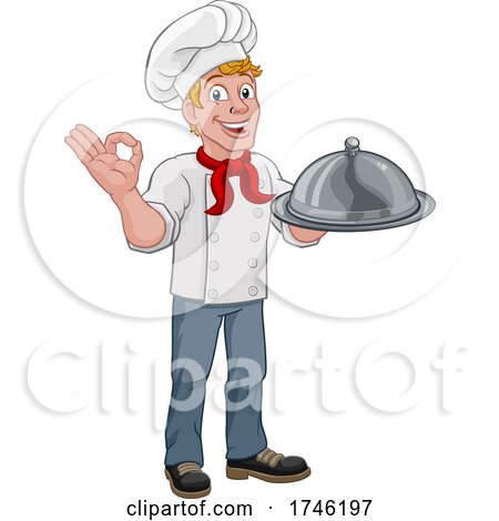 Chef Cook Man Cartoon Holding a Dome Tray by AtStockIllustration