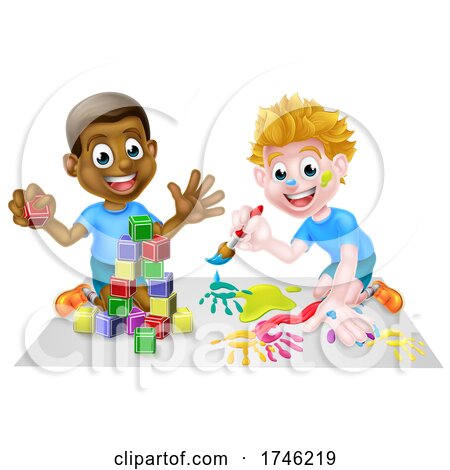 Cartoon Boys Playing with Blocks and Painting by AtStockIllustration