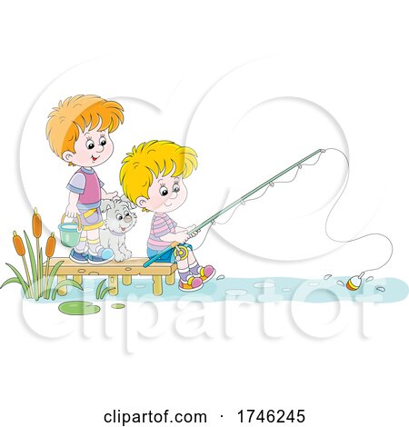 Clipart Illustration of a Boy Standing By A Pail And Fishing On The Shore  by Alex Bannykh #32807