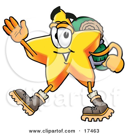 Clipart Picture of a Star Mascot Cartoon Character Hiking and Carrying a Backpack by Mascot Junction