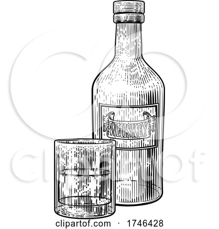 Whisky Bottle and Glass Drink Engraving Etching by AtStockIllustration