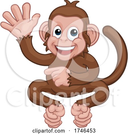 Monkey Cartoon Animal Waving and Pointing by AtStockIllustration