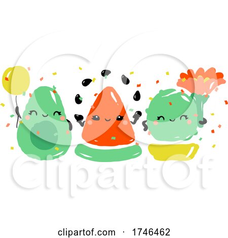 Kawaii Avocado Watermelon and Cactus Celebrating Joyful Holiday by elena