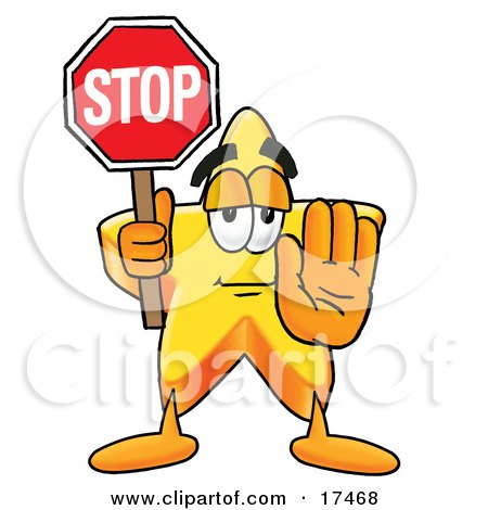 Clipart Picture of a Star Mascot Cartoon Character Holding a Stop Sign  by Mascot Junction