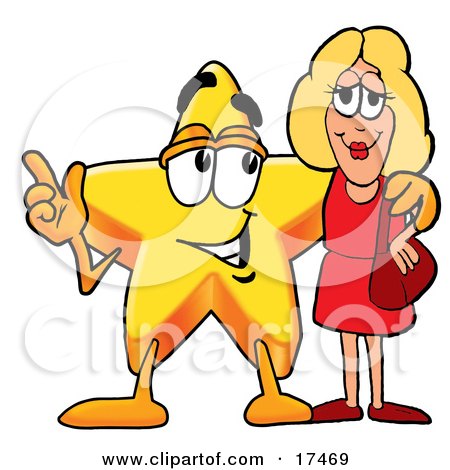 Clipart Picture of a Star Mascot Cartoon Character Talking to a Pretty Blond Woman by Mascot Junction