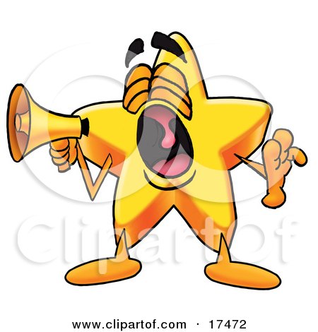 Clipart Picture of a Star Mascot Cartoon Character Screaming Into a Megaphone by Mascot Junction