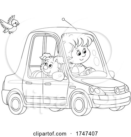 Boy Driving a Car with His Puppy by Alex Bannykh