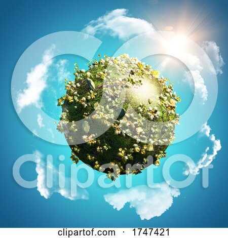 3D Tropical Background with Globe of Buttercups and Daisies on Blue Sky with Circling Clouds by KJ Pargeter