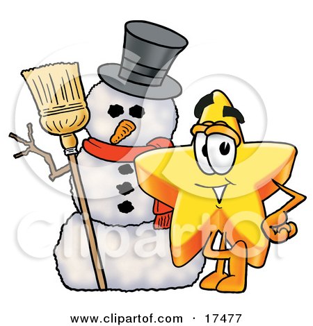 Clipart Picture of a Star Mascot Cartoon Character With a Snowman on Christmas by Mascot Junction