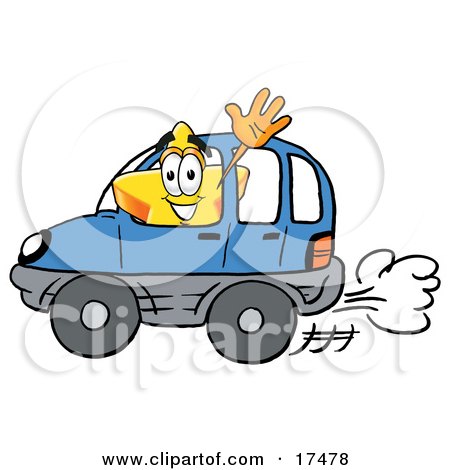 Clipart Picture of a Star Mascot Cartoon Character Driving a Blue Car and Waving  by Mascot Junction
