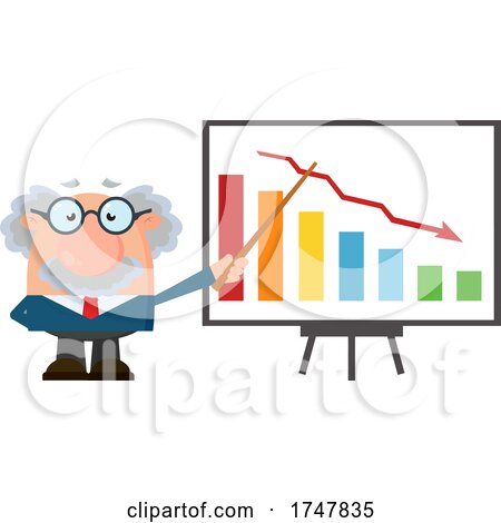 Science Professor Albert Einstein Character Holding a Pointer Stick to a Declining Bar Graph by Hit Toon