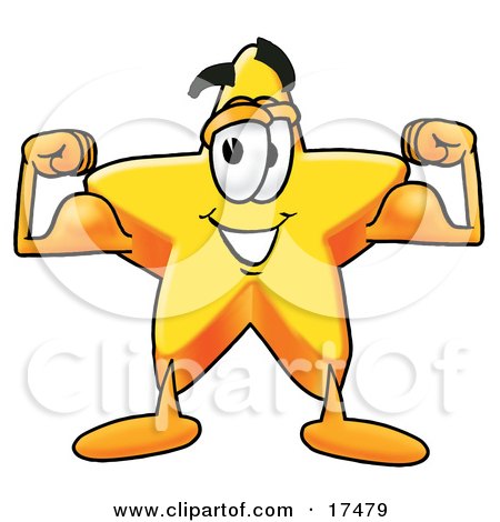 Clipart Picture of a Star Mascot Cartoon Character Flexing His Arm Muscles by Mascot Junction