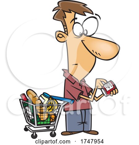 Cartoon Man Grocery Shopping and Reading Nutrition Labels by toonaday