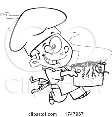 Black and White Cartoon Boy Chef Carrying a Pasta Pot by toonaday