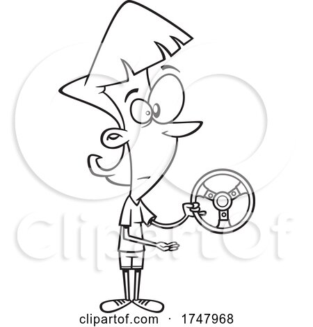 Black and White Cartoon Woman Holding a Wheel and Offering for Someone to Take It by toonaday