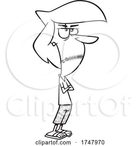Black and White Cartoon Woman Looking Frustrated with Zipped Lips by toonaday