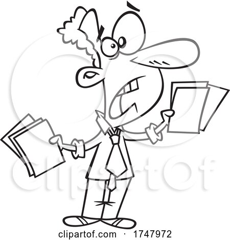 Black and White Cartoon Stressed Businessman Holding Paperwork by toonaday
