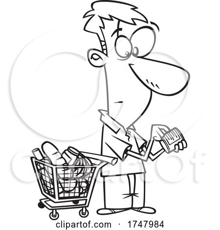 Black and White Cartoon Man Grocery Shopping and Reading Nutrition Labels by toonaday