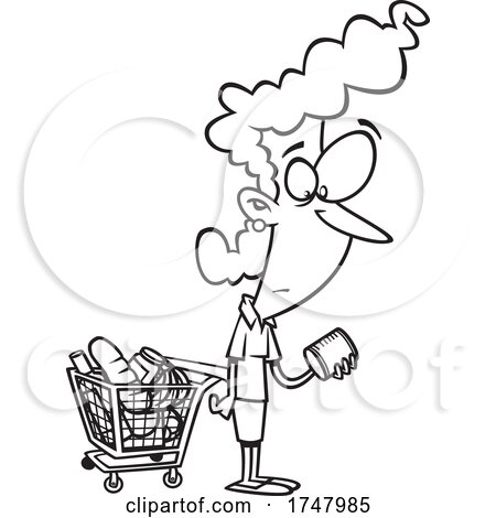 Black and White Cartoon Woman Shopping and Reading Food Nutrition Labels by toonaday