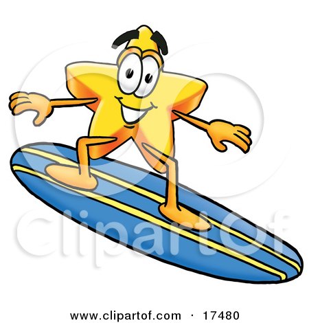 Clipart Picture of a Star Mascot Cartoon Character Surfing on a Blue and Yellow Surfboard by Mascot Junction