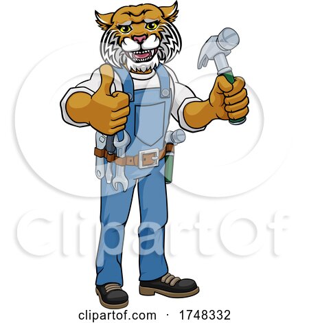 Wildcat Mascot Carpenter Handyman Holding Hammer by AtStockIllustration