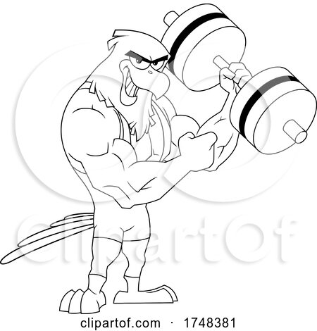 Bald Eagle Mascot Body Builder Doing Bicep Curls Black and White by Hit Toon