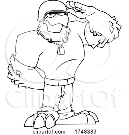 Bald Eagle Mascot Soldier Saluting Black and White by Hit Toon