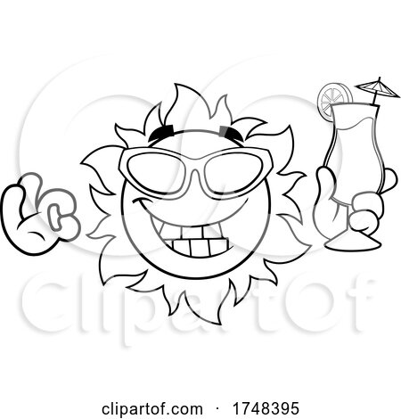 Summer Sun Character with a Cocktail Black and White by Hit Toon
