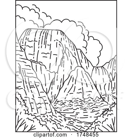 Zion Canyon in Zion National Park Located in Springdale Utah United States of America Mono Line or Monoline Black and White Line Art by patrimonio