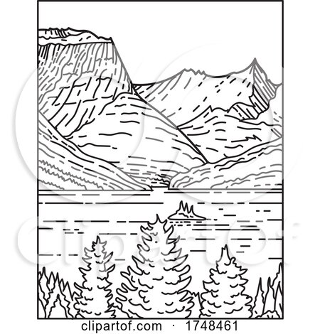 Saint Mary Lake and Wild Goose Island in Glacier National Park Located in Montana United States Mono Line or Monoline Black and White Line Art by patrimonio