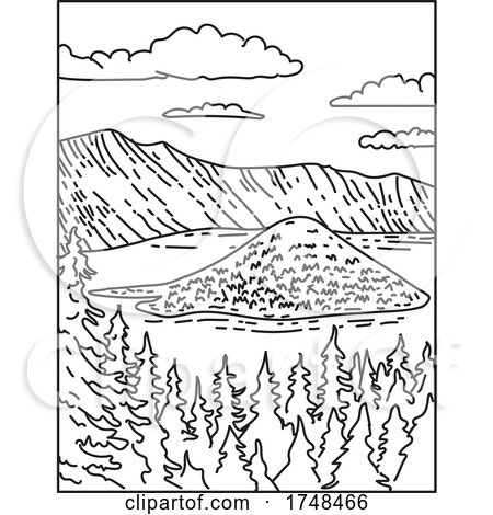Crater Lake in Within Crater Lake National Park Located in South Central Oregon United States Mono Line or Monoline Black and White Line Art by patrimonio