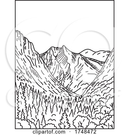 Kings Canyon from Paradise Valley in Kings Canyon National Park Within Sierra Nevada California United States Mono Line or Monoline Black and White Line Art by patrimonio
