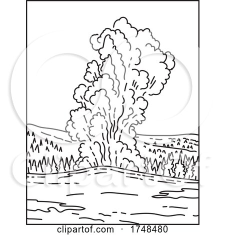 A Cone Geyser Called Old Faithful Located in Yellowstone National Park in Wyoming United States Mono Line or Monoline Black and White Line Art by patrimonio
