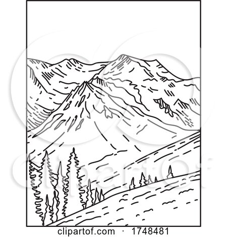 Summit of Glacier Clad Mount Olympus in Olympic National Park Located in Washington State United States Mono Line or Monoline Black and White Line Art by patrimonio