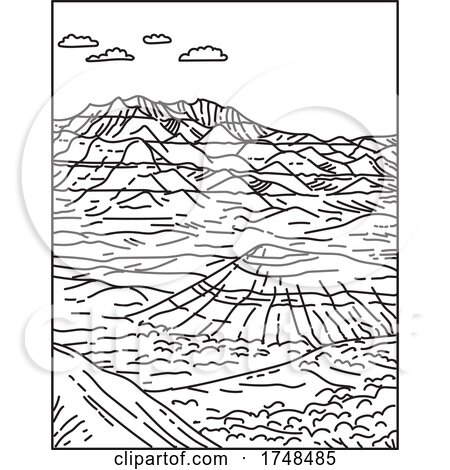 Layered Rock Formations in Badlands National Park Located in South Dakota United States Mono Line or Monoline Black and White Line Art by patrimonio