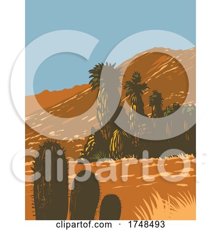 Cactus and Desert Fan Palm Growing in Santa Rosa and San Jacinto Mountains National Monument in Palm Desert California United States WPA Poster Art by patrimonio