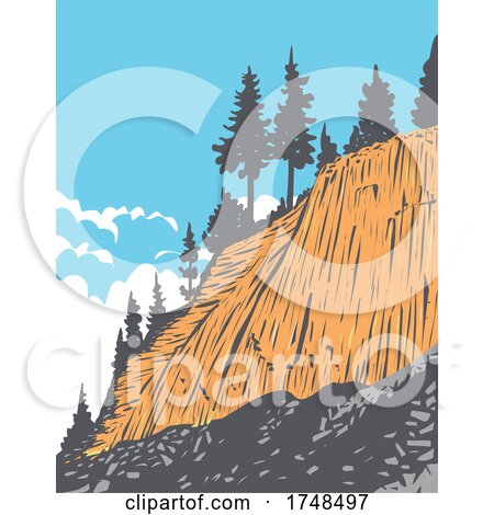 Rock Formation of Columnar Basalt Called Devils Postpile in Devils Postpile National Monument near Mammoth Mountain California United States WPA Poster Art by patrimonio