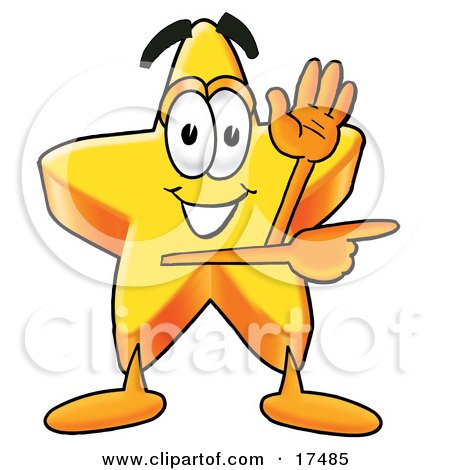 Clipart Picture of a Star Mascot Cartoon Character Waving and Pointing by Toons4Biz